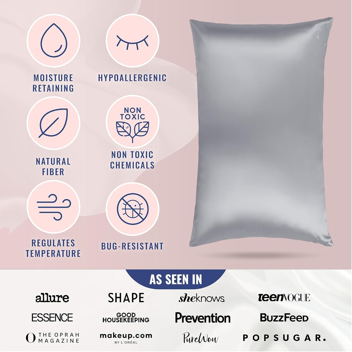 Blissy Silk Pillowcase - 100% Pure Mulberry Silk - 22 Momme 6A High-Grade Fibers - Silk Pillow Cover for Hair & Skin - Regular, Queen & King (Silver, Queen)