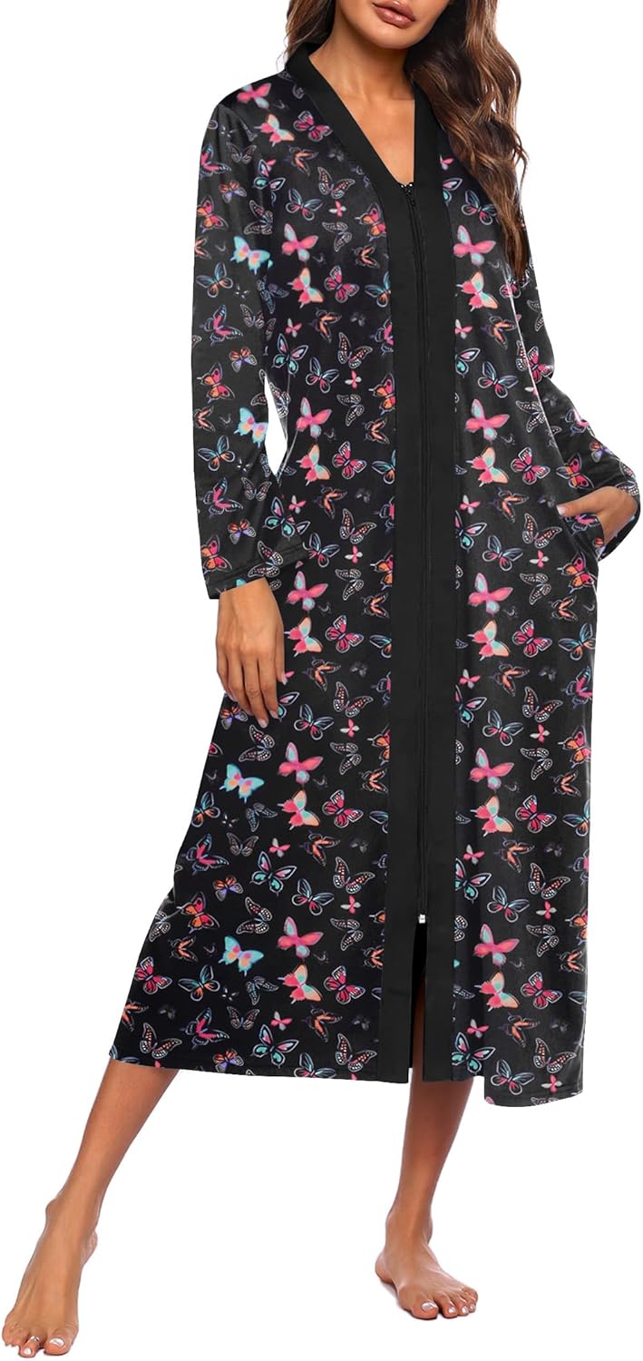 Ekouaer Women Zipper Robe Long Sleeve Loungewear Lightweight Housecoat Full Length Nightgown with Pockets