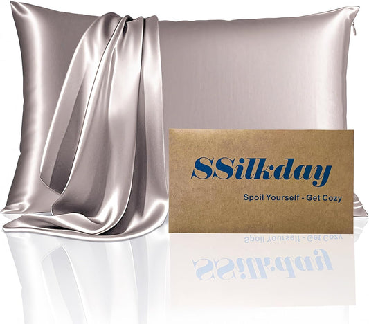 Mulberry Silk Pillow Cases with Zipper, Ultra Smooth Soft Breathable Cooling Pillow Cases for Hot Sleepers, Silk Satin Pillowcase for Hair and Skin, Gifts for Women (Silver Grey, Queen Size, 1 Pack)
