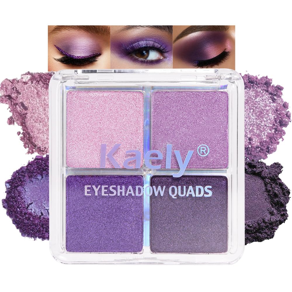 Kaely Powder Eyeshadow Quad, Lavender Purple Glitter Eyeshadow Palette Makeup, Neutral Eye Shadow Palette for Older Women Pigmented Waterproof, sombras para ojos, Blendable, Cruelty-free, 05