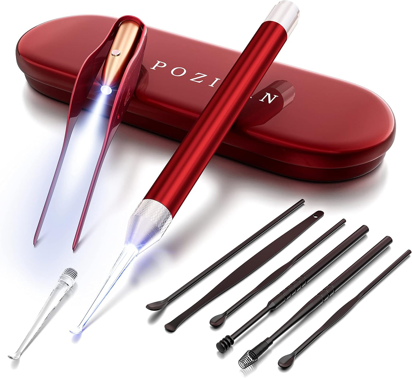 POZILAN Ear Picker Tweezers with LED Light - 8 Pack Ear Wax Removal Tool Cleaner Kit for Kids and Adults, Earwax Spoon Digger & Tweezers for Ear Cleaning Tool Gift Set