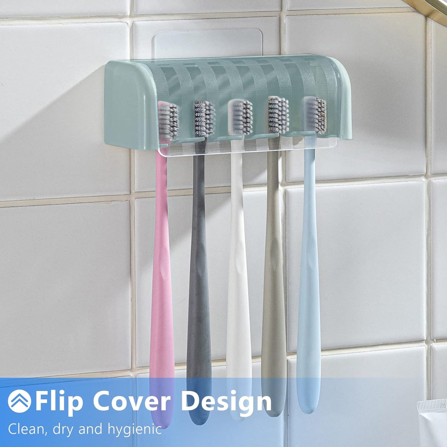 5 Slots Toothbrush Holder Wall Mount with Cover, Self Adhesive Toothbrushes Storage Organizer Perfect for Dorm Bathrooms and Shower, Holds 5 Toothbrushes. (Blue)
