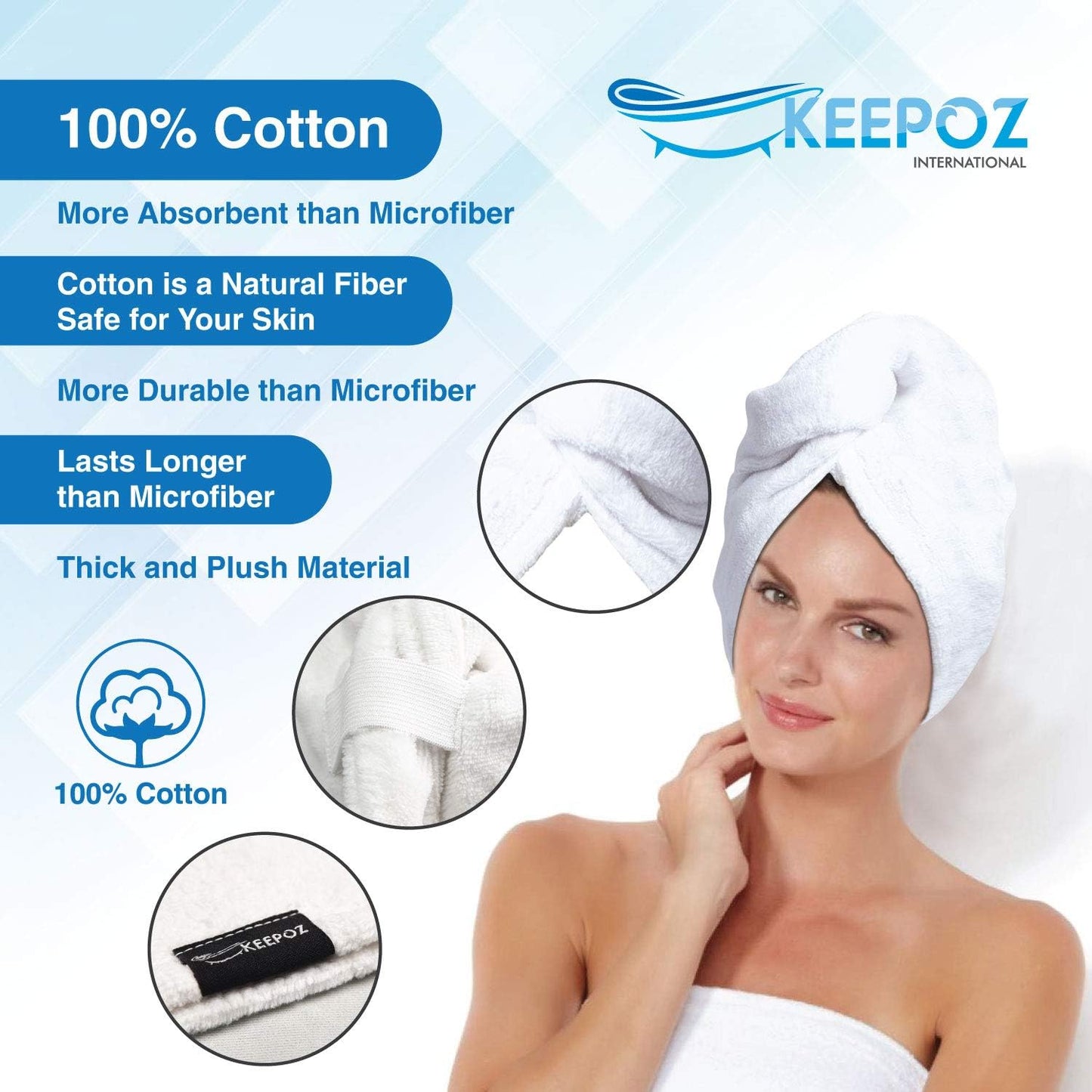 KEEPOZ 100% Cotton Hair Towel Wrap Quick Dry Super Absorbent Turban Head Wrap for Women with Button, Anti Frizz, Hair Cap for Curly, Long & Thick Hair (White, 1 Pc)