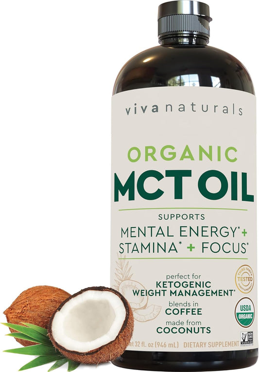 Viva Naturals Organic MCT Oil 32 fl oz - Best MCT Oil Organic for Coffee, MCT Coconut Oil Supports Energy & Mental Clarity, USDA Organic, Non-GMO, Paleo & Keto Certified, MCT Wellness