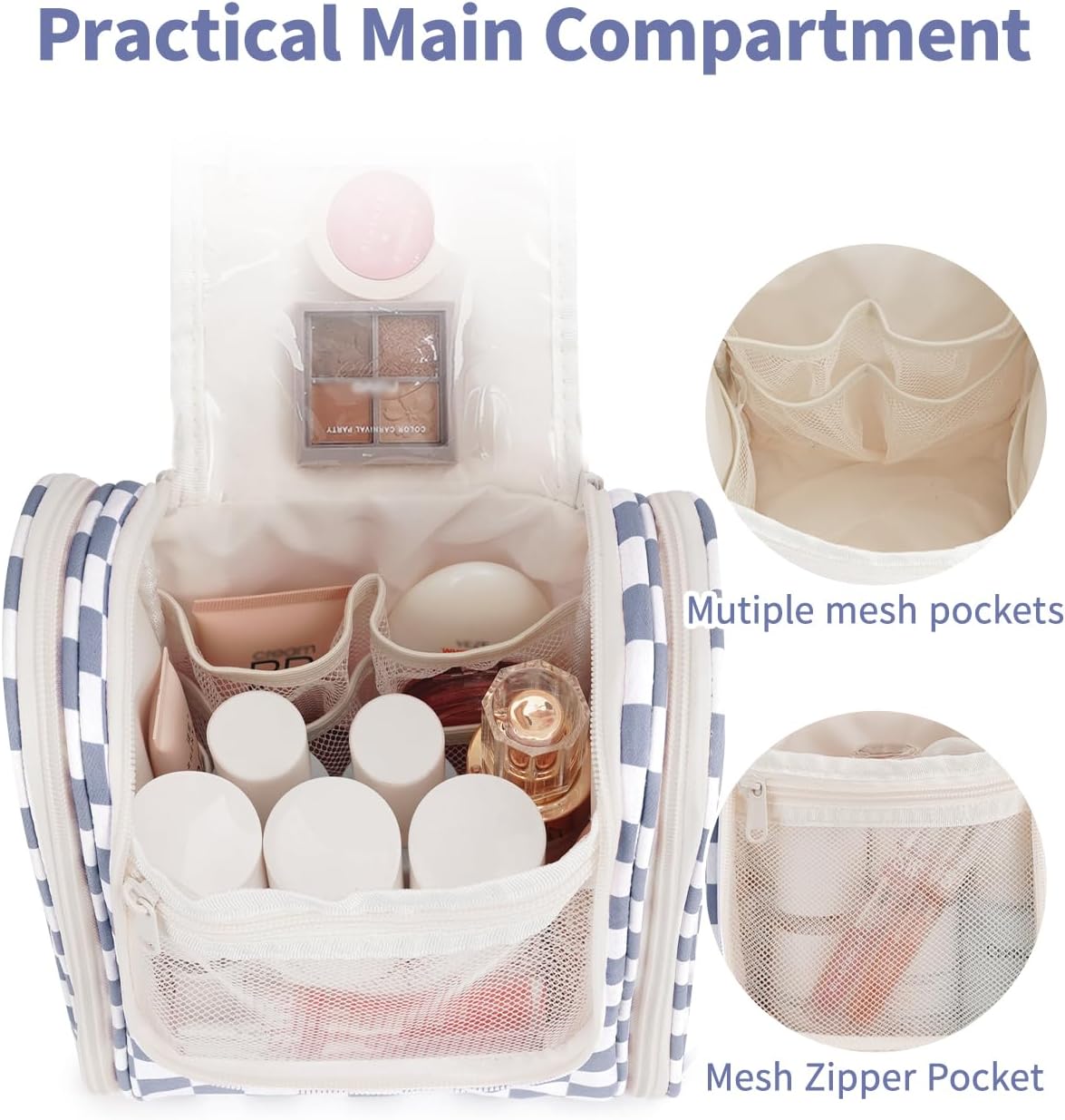 Narwey Small Checkered Hanging Travel Toiletry Bag for Women, Travel Bag for Toiletries, Makeup Bag Organizer Cosmetic Bags Make Up Bags for Women (Grayish Blue Checkerboard)