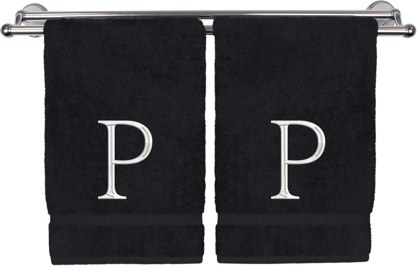 Monogrammed Hand Towel, Personalized Initial Gift, Extra Absorbent 100% Turkish Cotton - Soft Terry Finish - Set of 2 - White Block Initial P - Embroidered on Black Towels