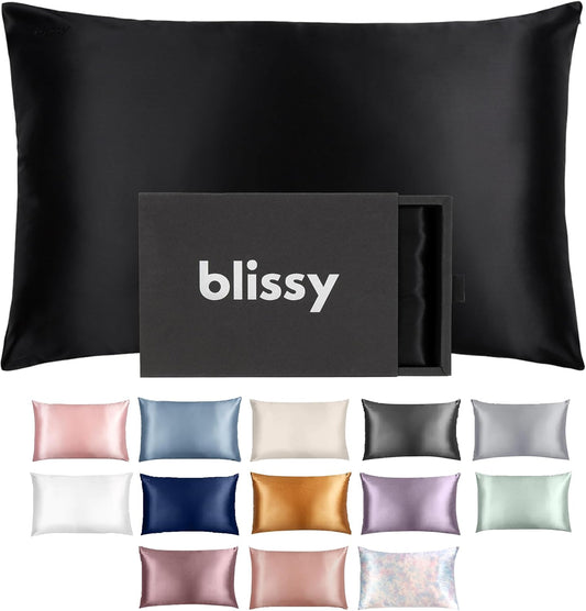 Blissy Silk Pillowcase - 100% Pure Mulberry Silk - 22 Momme 6A High-Grade Fibers - Silk Pillow Cover for Hair & Skin - Regular, Queen & King (Black, King)