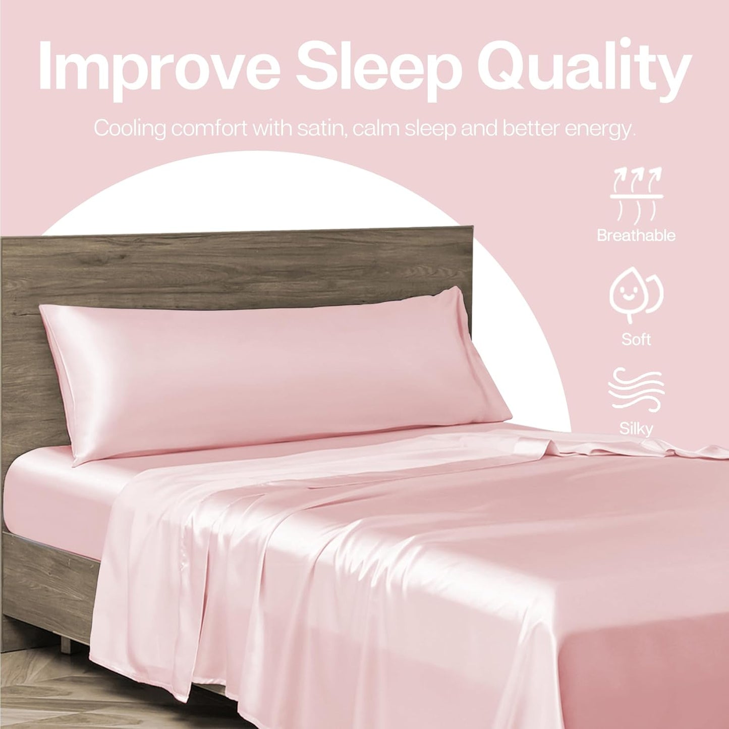 MR&HM Satin Body Pillow Cover, Soft and Breathable Body Pillow Case with Envelope Closure, Cooling and Silky Long Pillowcase for Hair and Skin,Grey (20x54, Light Pink)