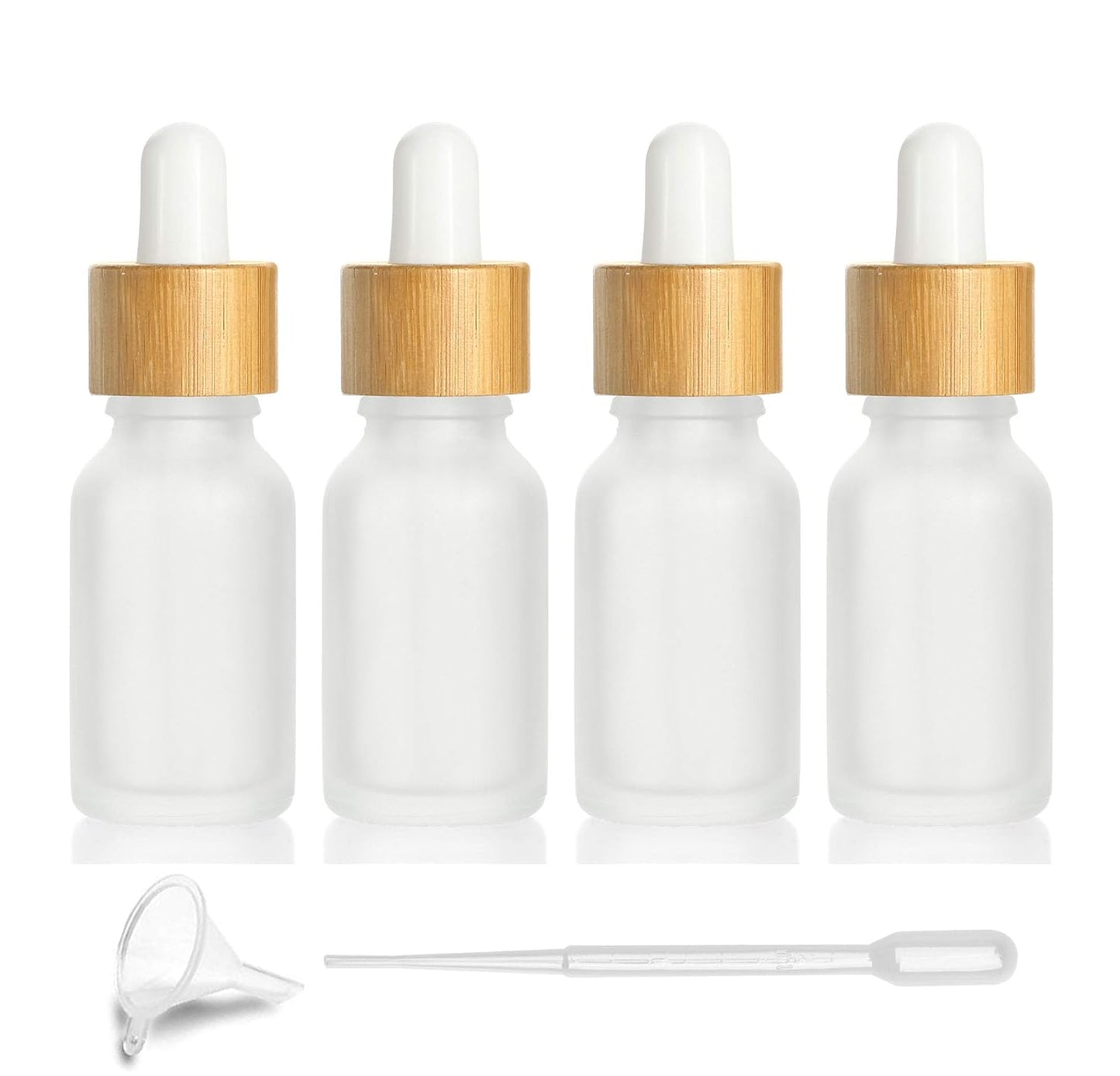 4 Pcs Bamboo Frosted Glass Eye Dropper Bottle,Empty Essential Oil Bottles With Pure Glass Pipettes,Bamboo Cap Makeup Travel Cosmetic Sample Container-Pipette&Funnel included (15ml/0.5 Ounce)