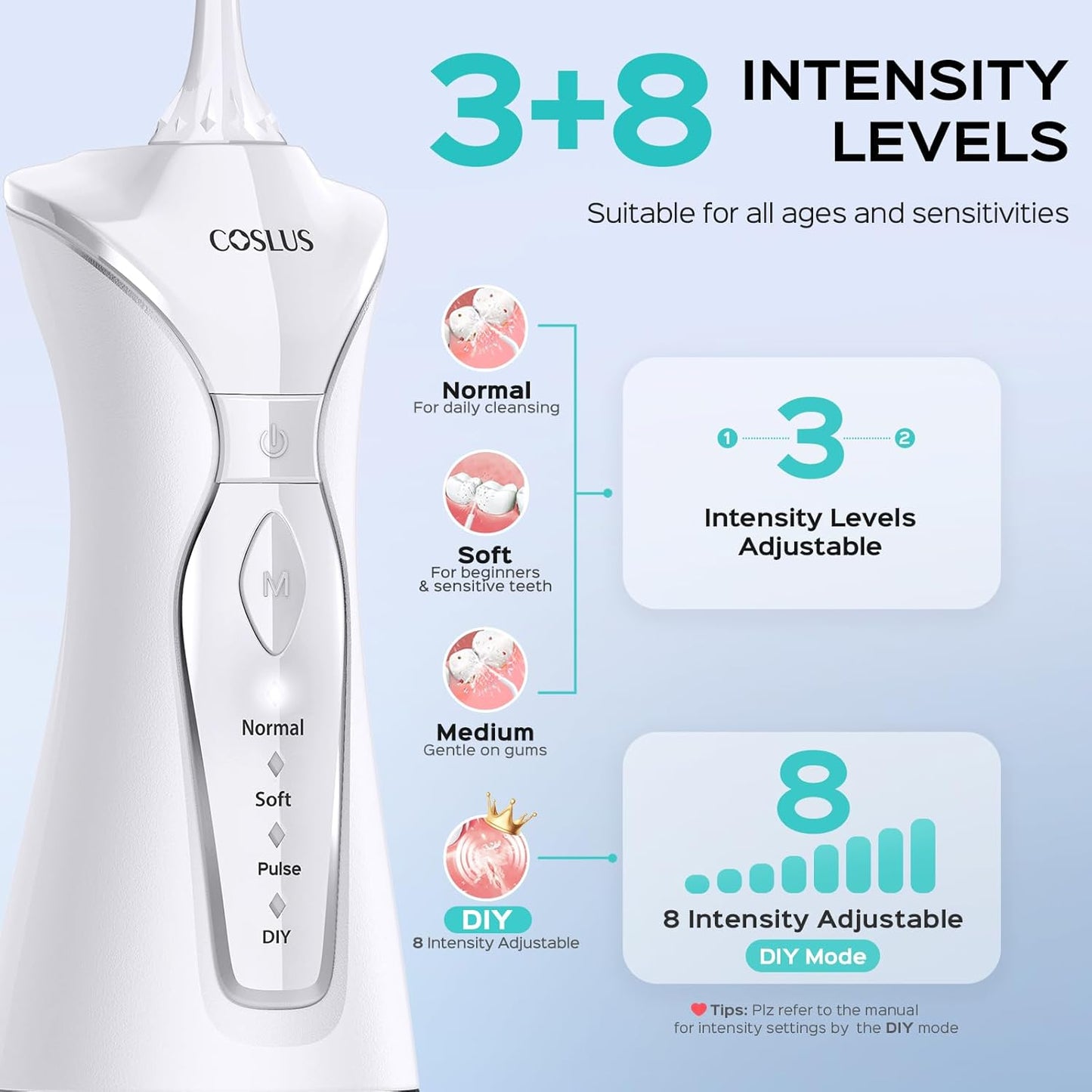 COSLUS Water Dental Flosser Pick for Teeth: 4 Modes Cordless Portable 300ML Larger Tank Water Teeth Cleaner IPX7 Waterproof Flossing Cleaning Picks for Home Travel White C30(FC5360)