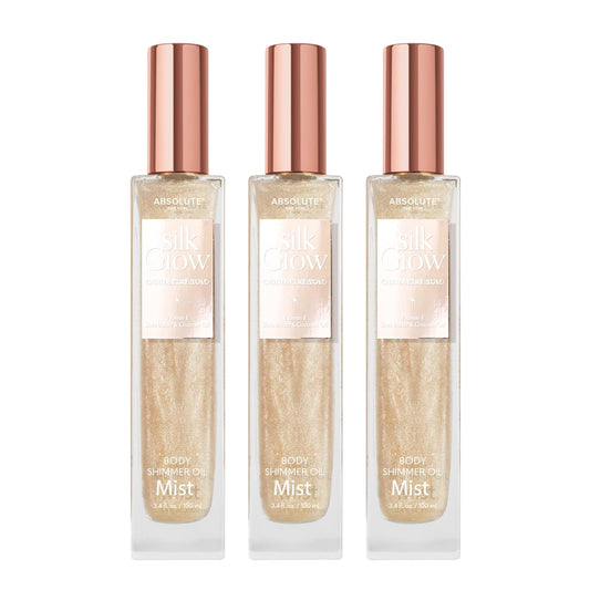 Absolute New York - Silk Glow Shimmer Mist Glow, Radiant, Shimmer Body & Face & Hair, Shea Butter, Coconut Oil, Vitamin E (SBGS03 Chanpagne Gold Mist (Set of 3), 3.4 fl oz)