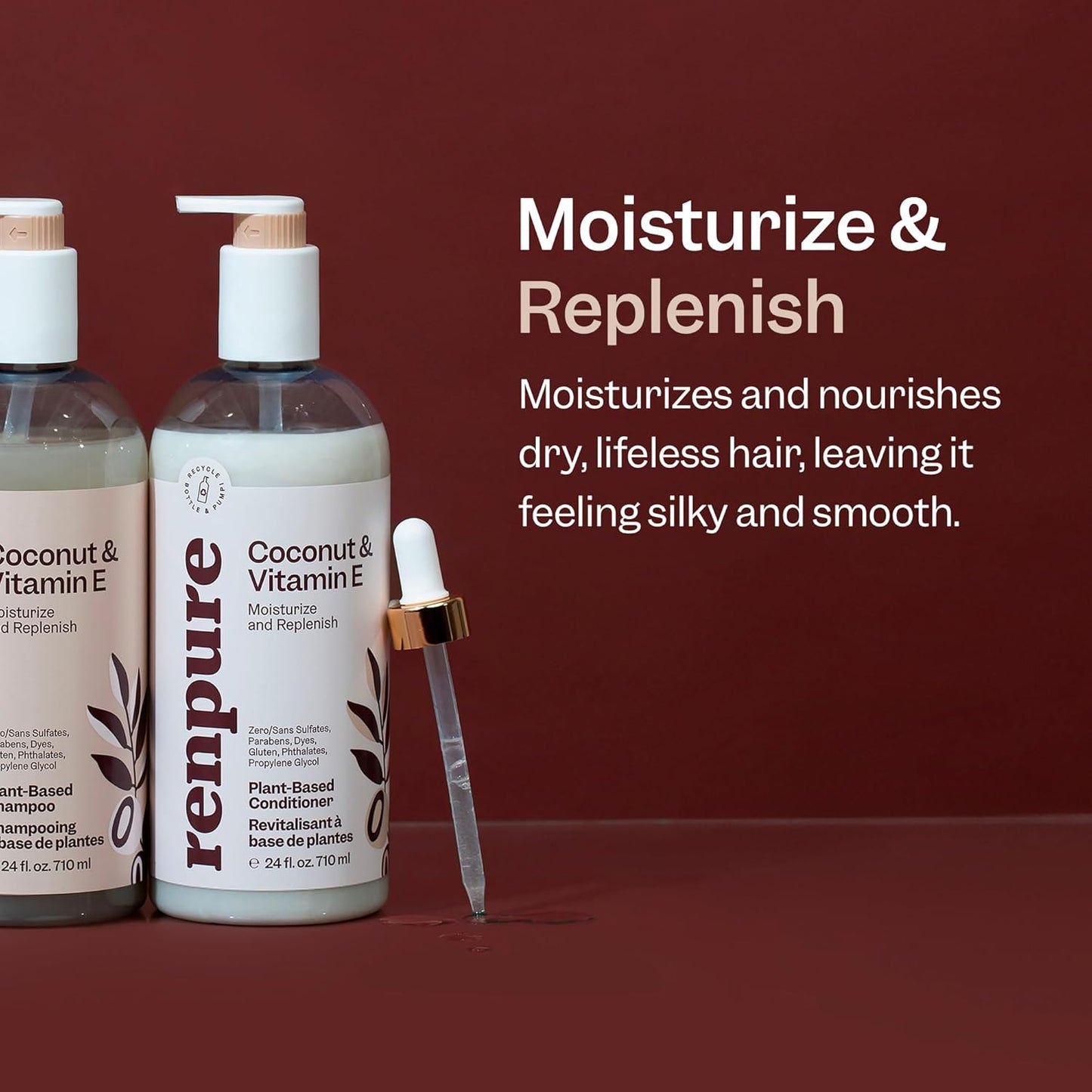 Renpure Coconut & Vitamin E Shampoo & Conditioner Set, Plant-Based – Nourishes & Seals In Moisture For Soft, Healthy Hair – For Dry, Lifeless Hair – Coconut Oil & Vitamin E - 24 Fl Oz each, 2 Pack