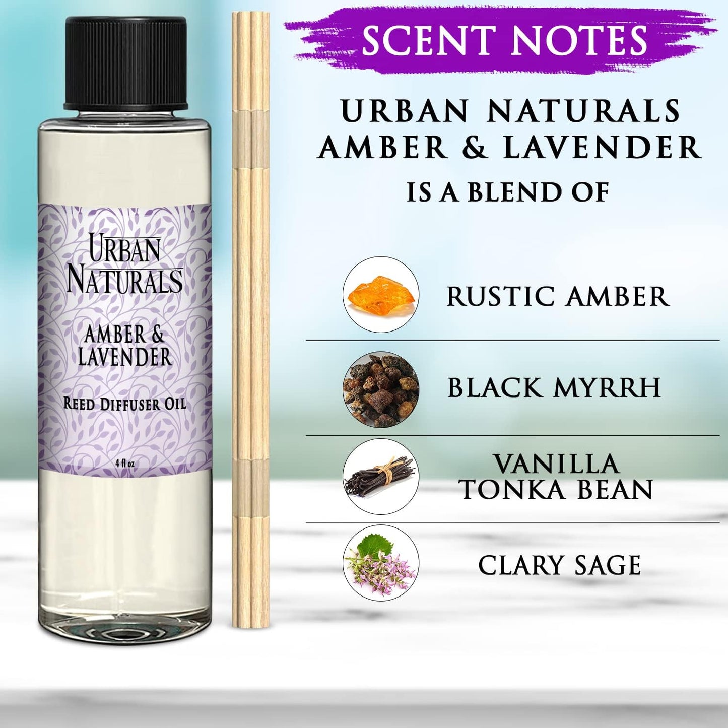 Urban Naturals Reed Diffuser Oil Refill Amber & Lavender, Soothing Lavender, Warm Amber, Calming Room Scent, 4 oz + Free Reed Sticks, Made in The USA