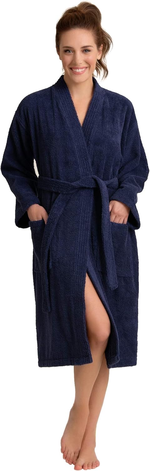 Soft Touch Linen Women's Robe Terry Cloth Kimono Bathrobe Thick 100% Cotton