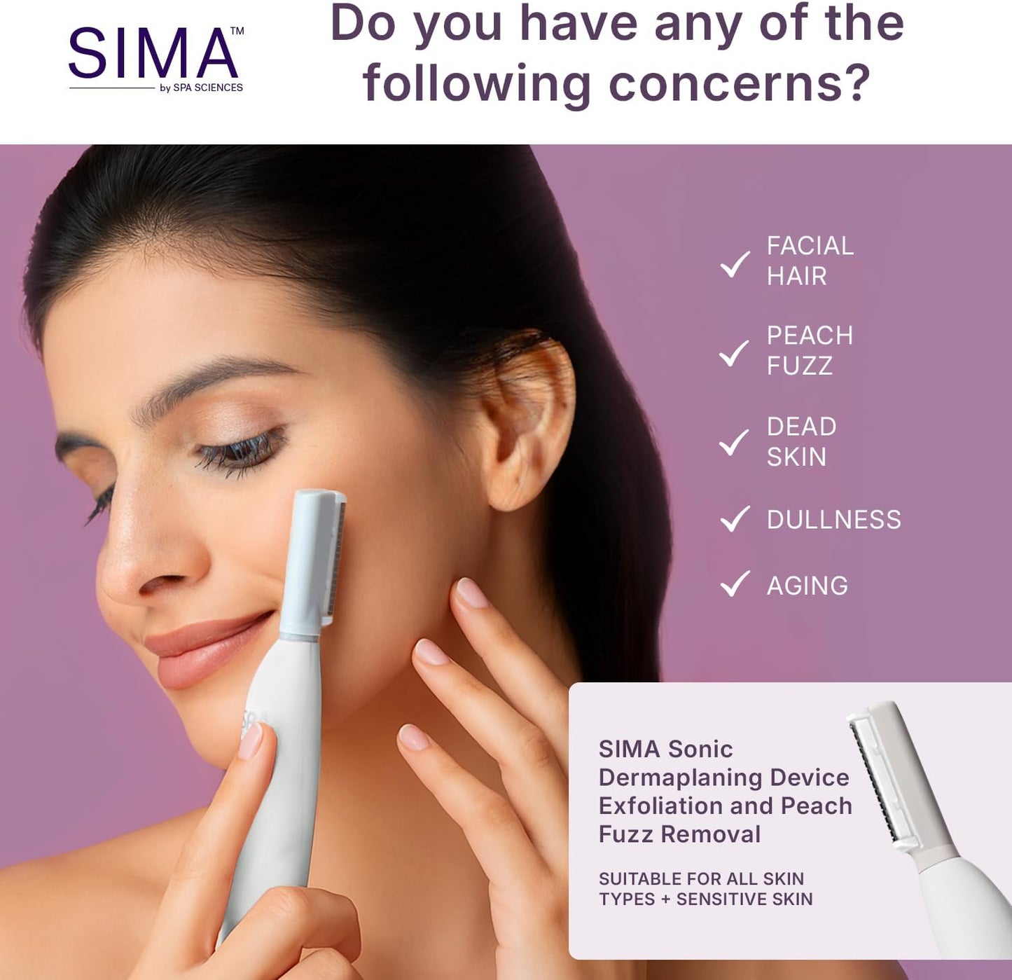 SPA SCIENCES - SIMA Patented Dermaplane Razor for Women Face – Painless 2-in-1 Facial Exfoliation & Peach Fuzz Hair Removal – Anti-Aging – 3 Speeds – Rechargeable – 19 Weeks Treatment