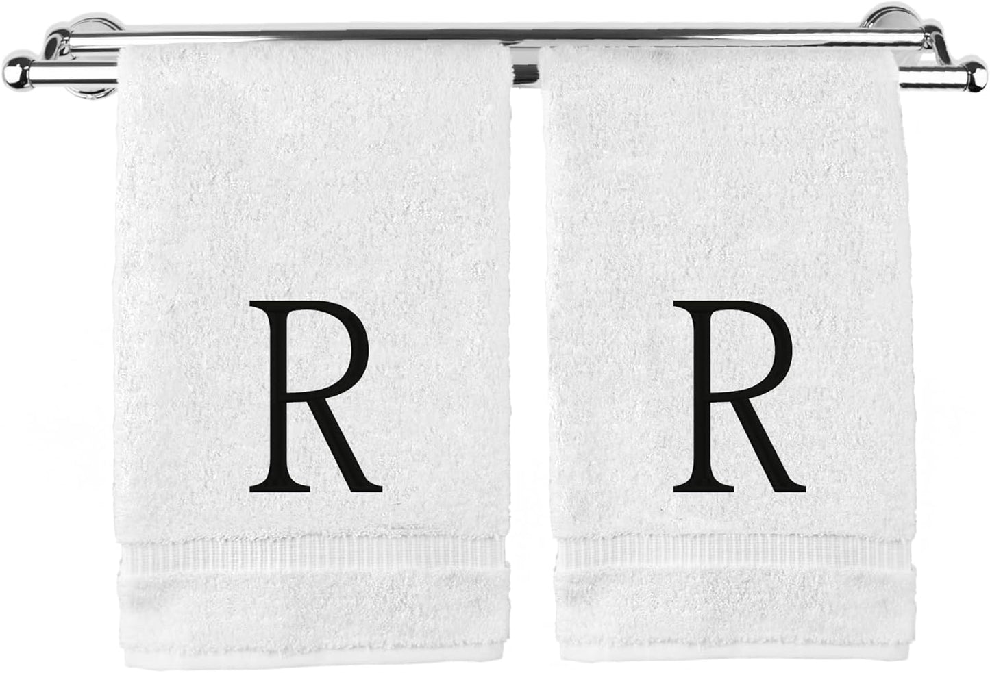 Monogrammed Hand Towel, Personalized Initial Gift, Extra Absorbent 100% Turkish Cotton - Soft Terry Finish - Set of 2 - Black Block Initial R - Embroidered on White Towels