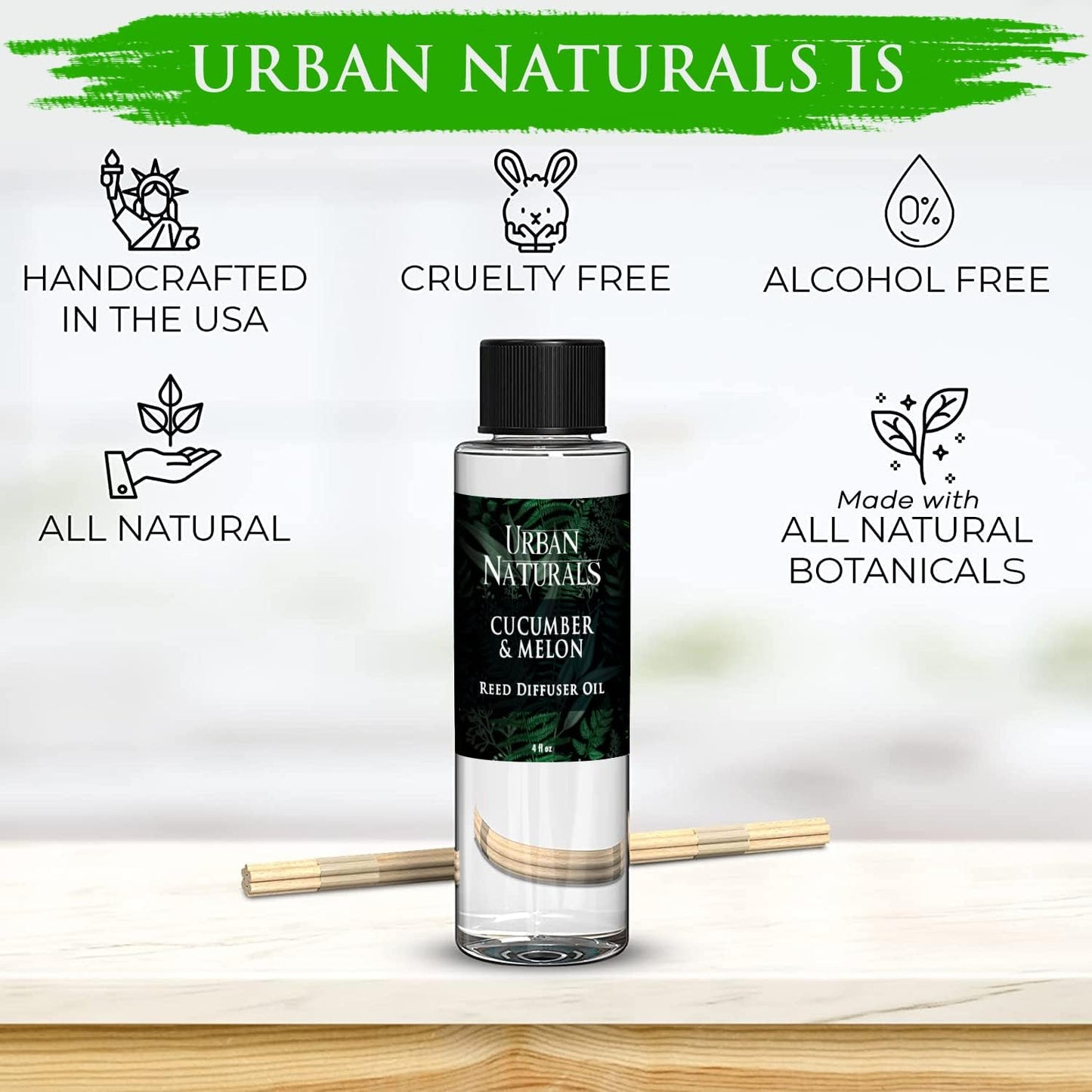 Urban Naturals Reed Diffuser Oil Refill Cucumber Melon, Crisp Cucumber, Juicy Melon, Refreshing Summer Scent, 4 oz + Free Reed Sticks, Made in The USA