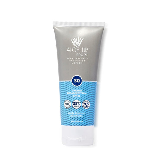 Aloe Up Sport Sunscreen Lotion SPF 30 - Broad Spectrum UVA/UVB Sunscreen Protector for Face and Body - With Hydrating Aloe Vera Gel - Non-Greasy - No White Cast - Reef Safe - Fragrance-Free - 3 Oz.