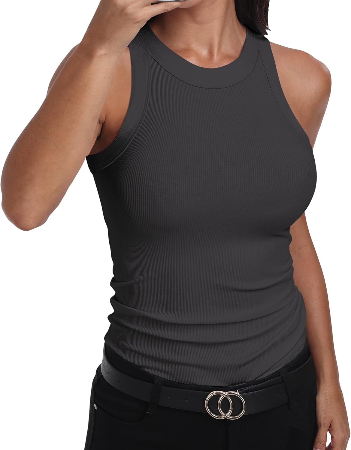 GEMBERA Womens Sleeveless Racerback High Neck Casual Basic Cotton Ribbed Fitted Tank Top