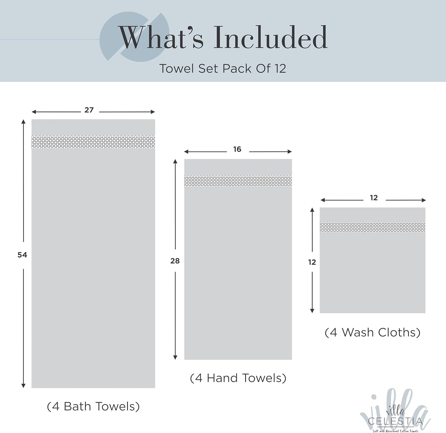 100% Cotton Bath Towel Set of 12-4 Bath Towels, 4 Hand Towels, 4 Wash Cloths, Sustainable, Soft, Highly Absorbent, Combed Cotton 12 Piece Set for Hotels, Spa, Bathroom, Dorm, Blue