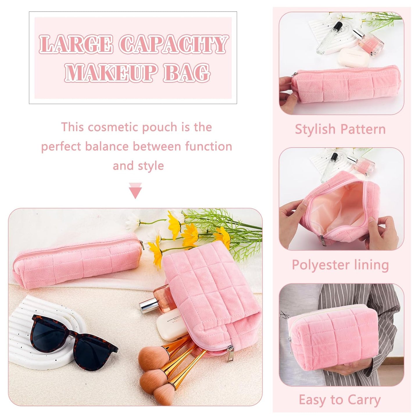 ZLFSRQ 2Pcs Pencil Case Cute Pencil Pouch for Teens Plush Makeup Bag Travel Cosmetic Bag Set Pink Makeup Pouches Purse Preppy Zippered Toiletry Bags Organizer Trendy Zipper Skincare Storage Organizer