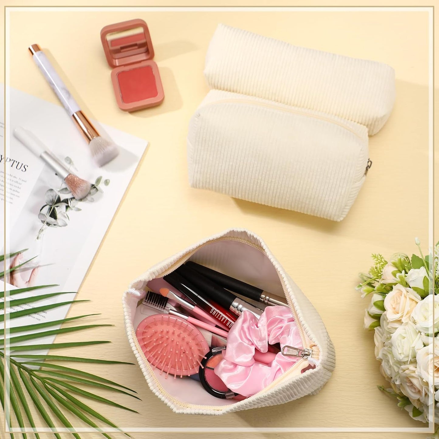 3 Pcs Makeup Bag Set for Women Corduroy Cosmetic Pouch Aesthetic Smile Travel Toiletry Bag Cute Purse Pouch Pencil Case Makeup Brushes Storage Organizer for Christmas(White,Solid Style)