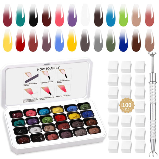 24 Colors Ombre Gel Nail Polish Set,Ombre Pigment for Nails,Gradient Painting Gel with 100Pcs Nail Sponges for 3D Gels Nail Art can be Painted in Salon or Home Use