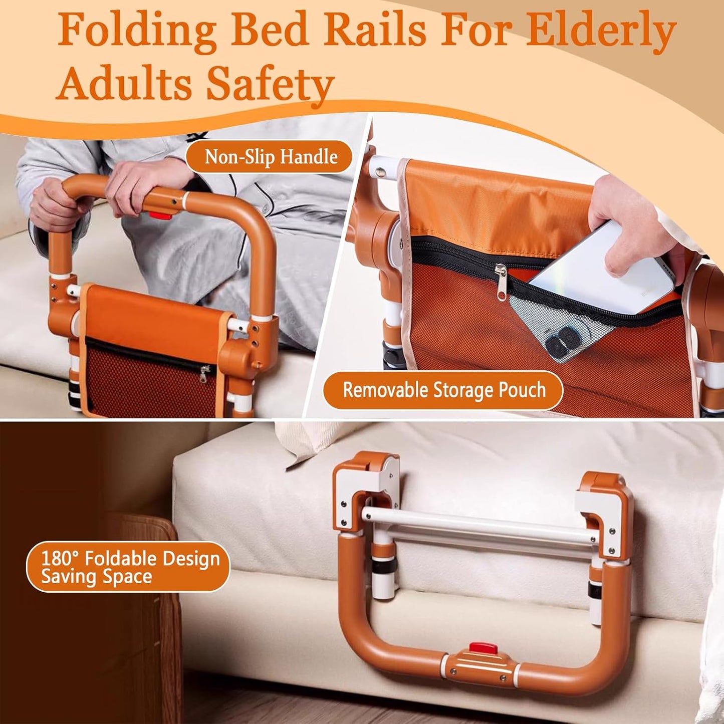 Folding Bed Rails for Elderly Adults Safety, Adjustable Height Bed Assist Rails for Seniors, Foldable Bed Side Rails with Non-Slip Handle and Storage Pouch, Fits King Queen Full Twin Beds