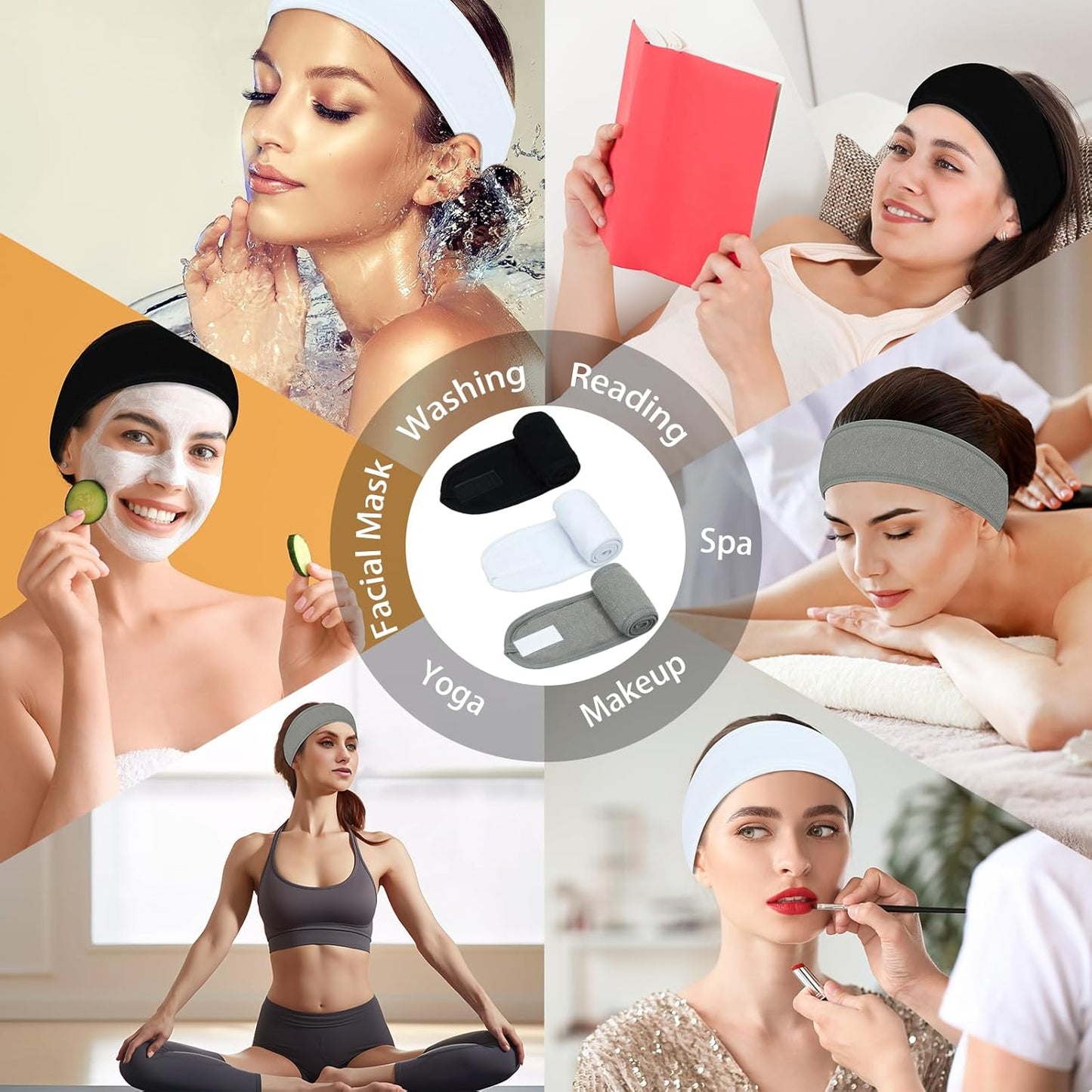 3 Pack Facial Spa Headband for Women - Adjustable, Non-Slip Terry Cloth Headband for Washing Face, Makeup, and Shower - Soft and Stretchable Hair Wrap