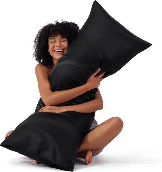 Bedsure Body Pillow Pillowcase - Cooling and Silky Long Body Pillow Covers with Envelope Closure, Satin Similar to Silk Pillowcase for Hair and Skin,Black,20x54 Inches