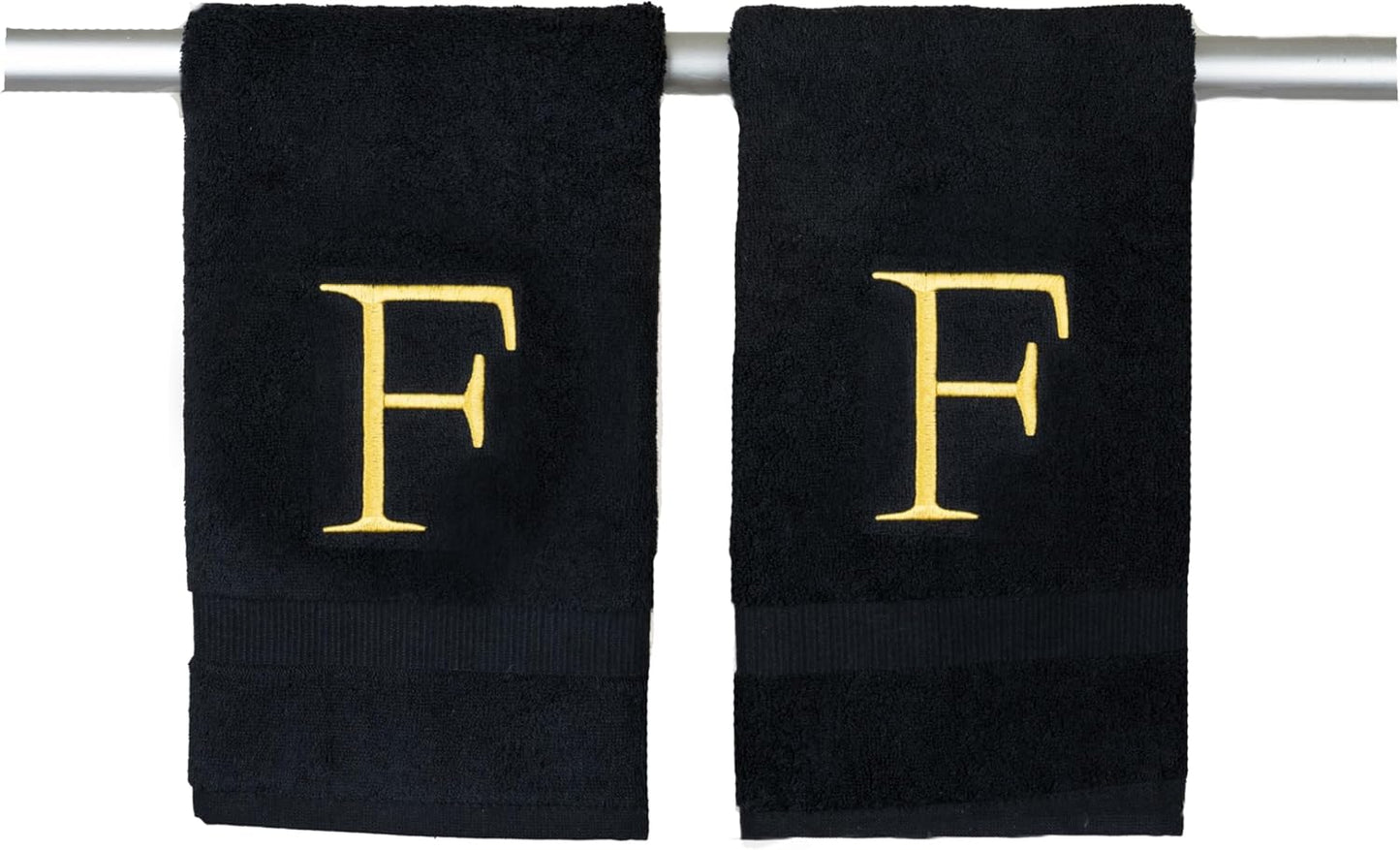 Black Monogrammed Hand Towel for Bathroom - Initial Hotel Quality Decorative Embroidered Luxury Towel for Powder Room, Spa - GOTS Organic Certified - Pack of 2 - Letter F