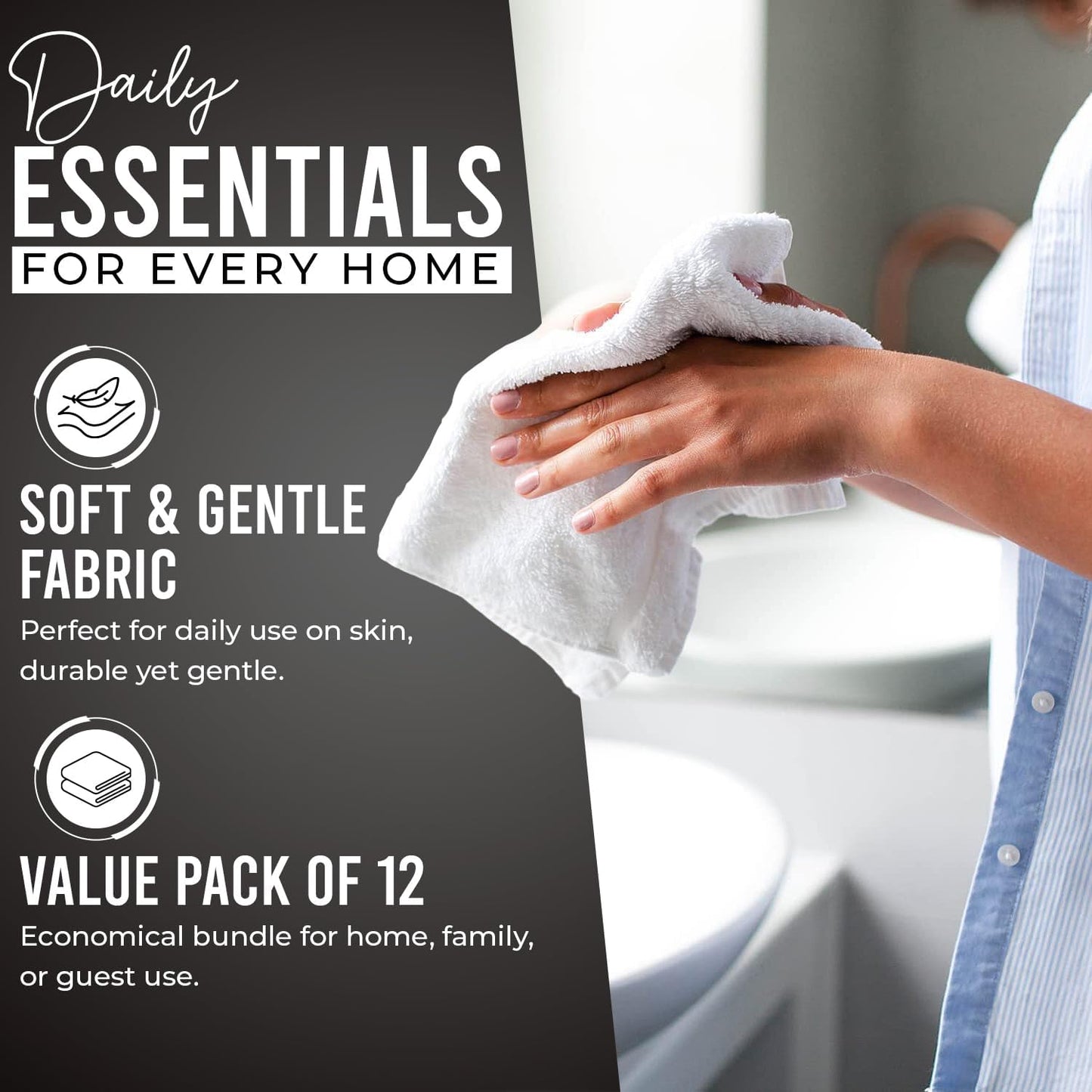 DAN RIVER 100% Cotton Wash Cloths 12 Pack [12x12] Soft & Absorbent washcloths for Showering, Gym, Hotels & Spa Perfect for Everyday Use Fingertip Towels, Black