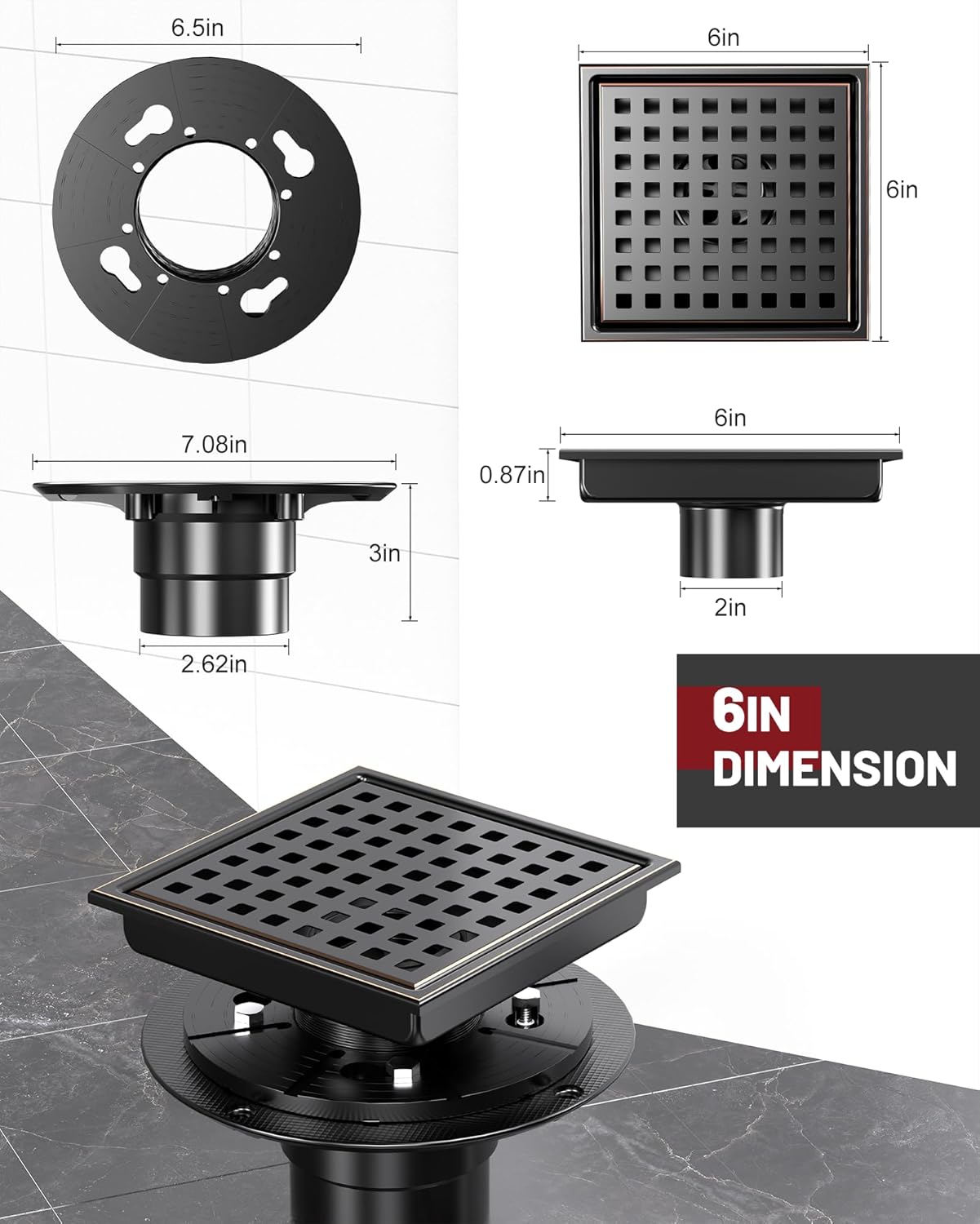 Square Shower Drain 6 Inch SUS304 Stainless Steel Bathroom Floor Drain Strainer, Hair Catcher, Anti-Clog, Rust-Resistant, Fast Drainage (Oil Rubbed Bronze)
