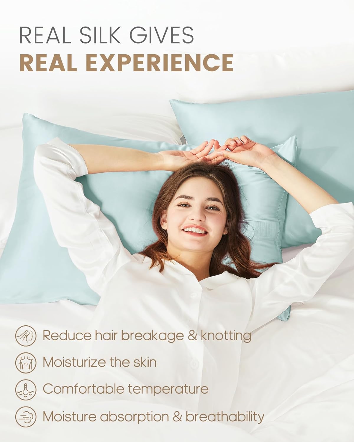 THXSILK 100% Mulberry Silk Pillowcase for Hair and Skin Health, Soft Breathable and Smooth Pillowcase with Hidden Zipper, Both Sides Premium Grade 6A+ Silk, 1pc (Standard 20"x26", Light Blue)