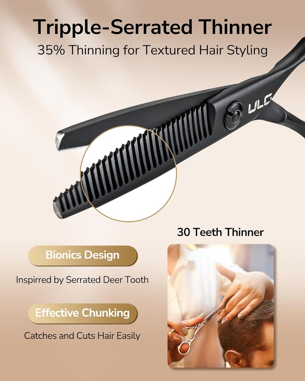 ULG Texturizing Shears – Professional Stainless Steel, Ergonomic Offset Handles, Teflon Coated, Deer Tooth Blades for Precise Thinning and Layering, Ideal for Stylists and Barbers