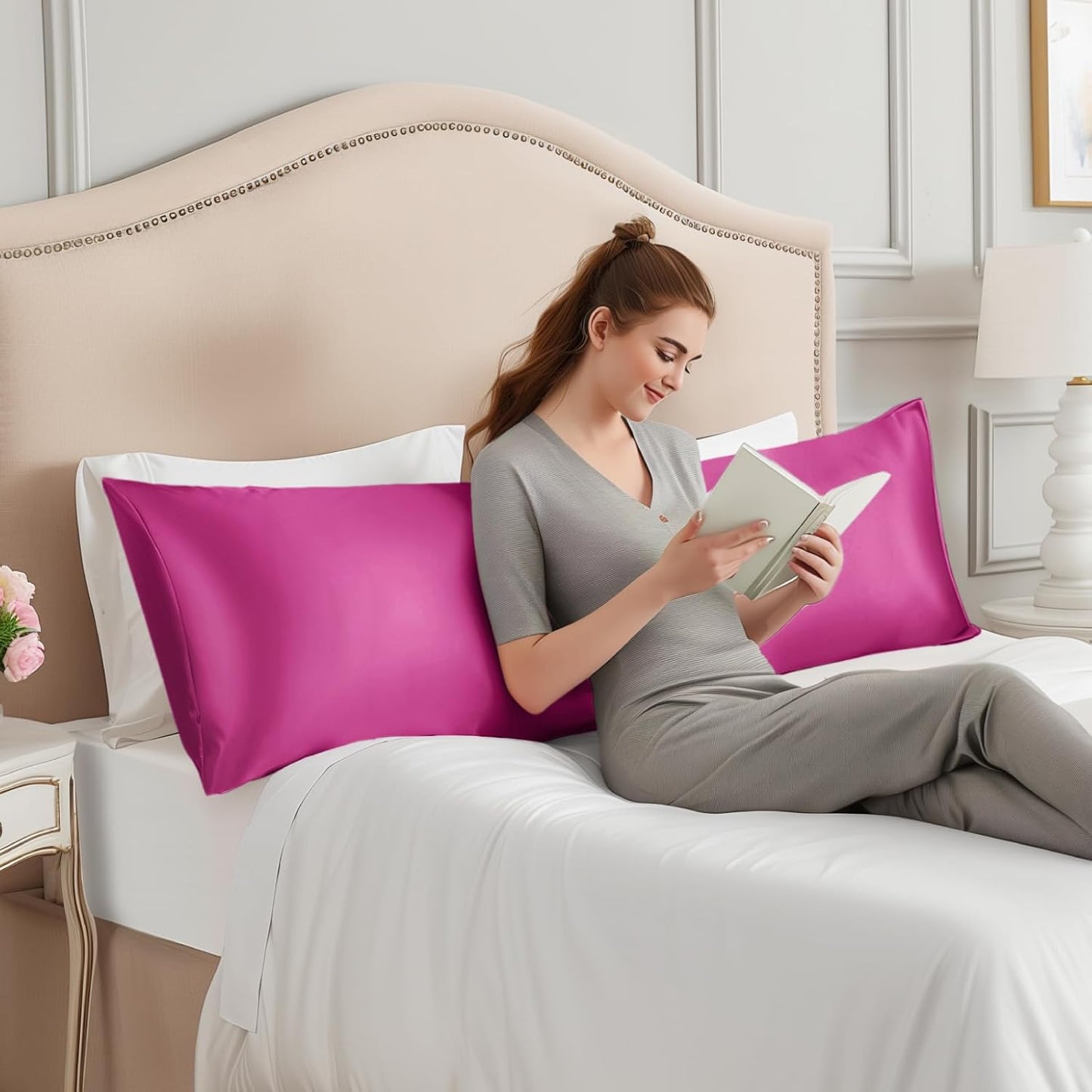 INFIIXSO Body Pillow Cover with Zipper, Luxury Mulberry Silk Body Pillow Case 20x54 Inches, Ultra Smooth and Soft Cooling Long Pillowcase, Gift for Women, Men(Hot Pink)