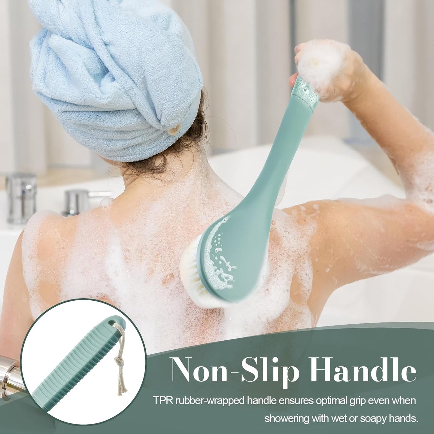 Back Scrubber for Shower, Shower Body Brush for Cleaning with Long Handle for Showering, 17 Inch Back Washer Exfoliator for Shower Men Women with Non-Slip Handle, Adhesive Hook (Pea Green)