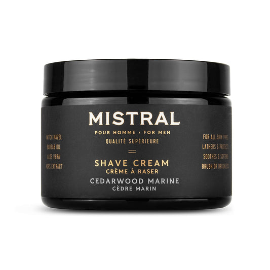 Mistral Cedarwood Marine Shaving Cream for Men | Smooth Triple Layered Foam | Men’s Shave Cream with Organic Plant Extracts | pH-balanced, Phthalates & Paraben-Free | Made in USA. 9oz Tub