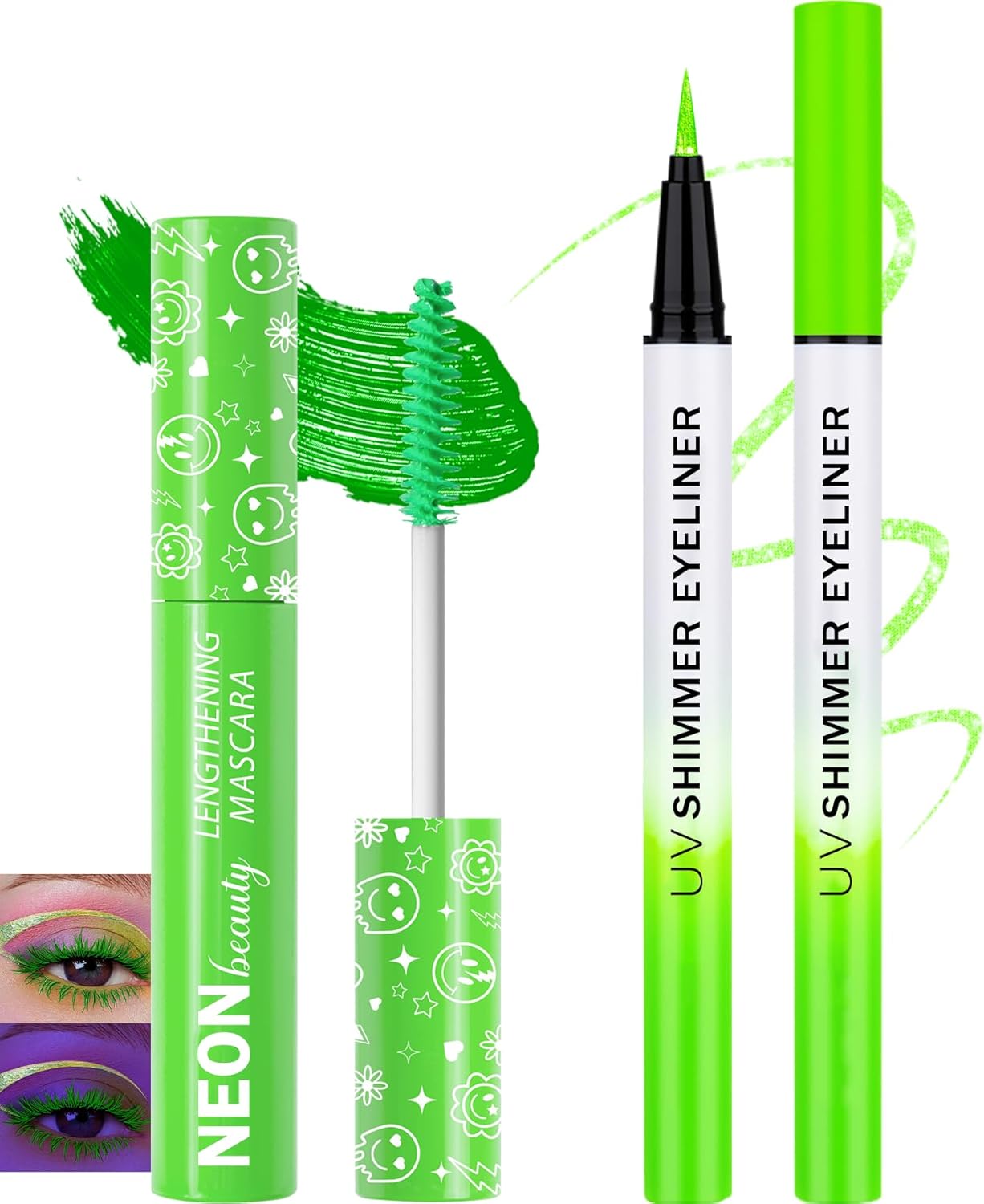 UV Neon Green Mascara & Eyeliner Set, Waterproof Volumizing Colored Mascara Volume and Length for Lashes Lengthening, Long Lasting Glitter Liquid Eyeliner Pencil, Halloween Glow in the Dark Makeup-06