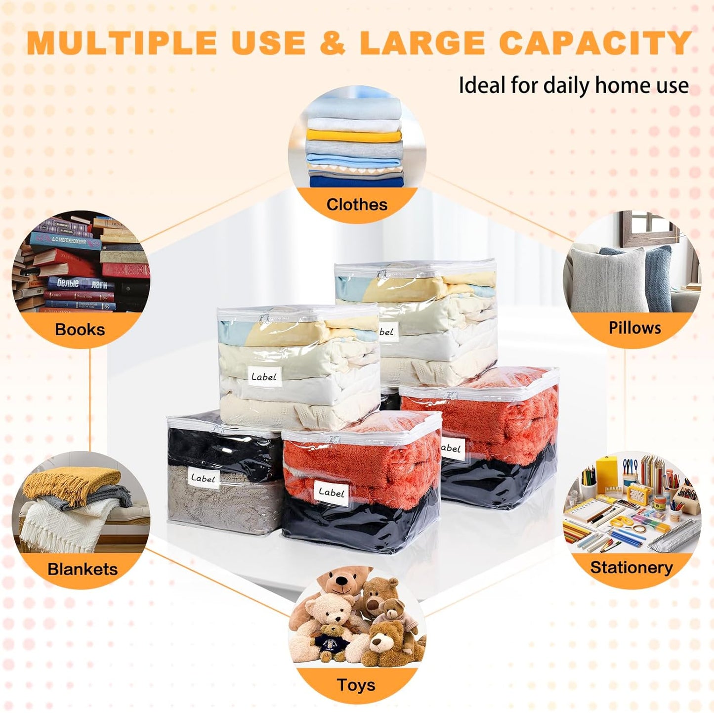 Clear Zippered Storage Bags Plastic Sweater Storage Bags with Zipper 6 Packs Clothing Organizer for Blankets Linen Sweater Bed Sheet Quilt Clothes Pillow (12 x 12 x 12 Inch)