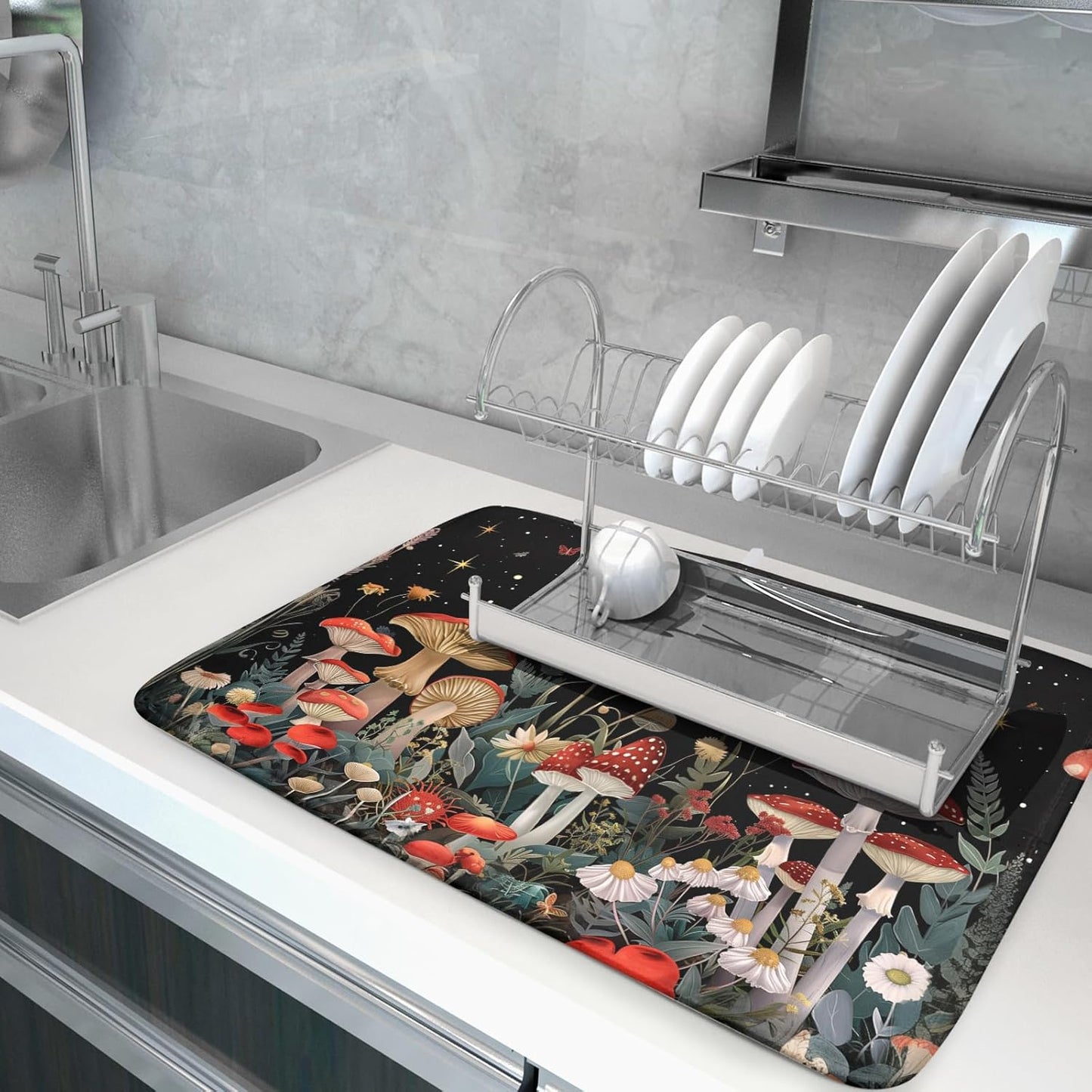 Black Mushroom Dish Drying Mat for Kitchen Counter Leaves Botanical Microfiber Dish Rack Mat Drainer Pad Washable Absorbent Dry Mat 18×24 Inch