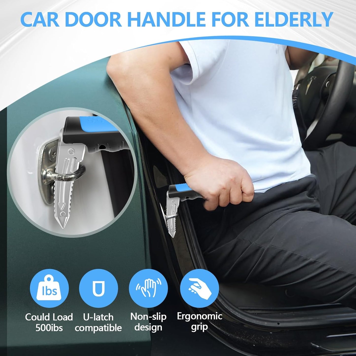 Car Door Handle for Elderly - 2025 New 4 in 1 Car Handle Assist, 2 Pack Auto Cane Portable Vehicle Support Handle Door Assist Bar, Max Load 500 Lbs, Anti-Slip Design (Blue-Car Handle +Strap)