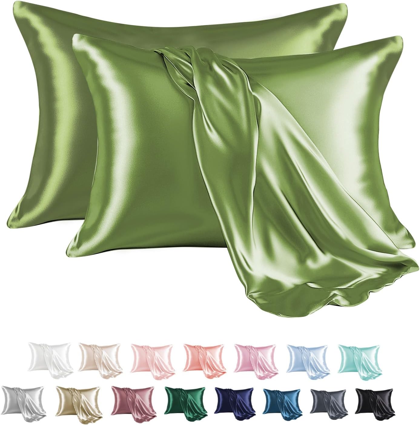 MR&HM Satin Pillowcase for Hair and Skin, Silk Satin Pillowcase 2 Pack, Standard Size Pillow Cases Set of 2, Silky Pillow Cover with Envelope Closure (20x26, Sage)