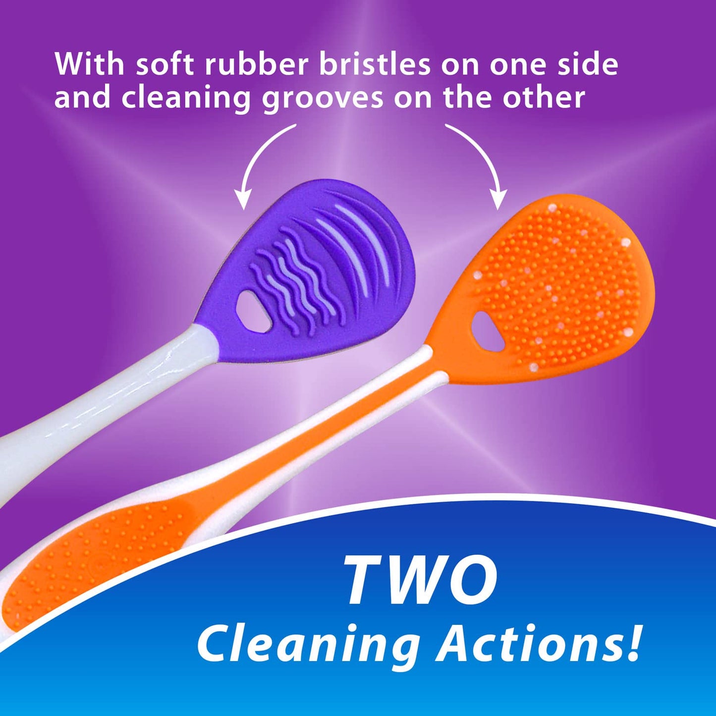 Tongue Cleaner (3-Pack) with Gentle Cheek Scraper. Two-Sided Head with Dual Action Cleaning for Fresh Breath.