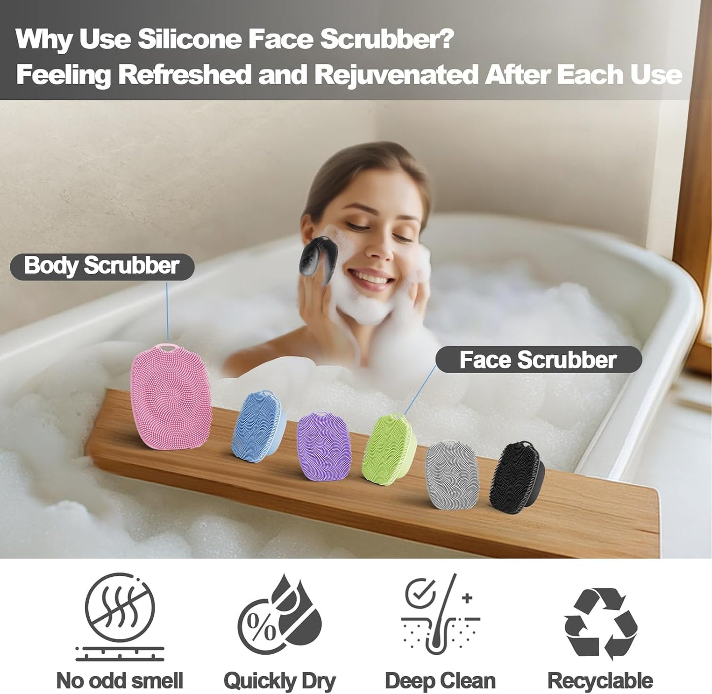 Soft Silicone Body Scrubber, Gentle Like a Hand Exfoliating Your Skin and Build Up Lather, Back Large Suction Cup Easy to Store, & Deep Clean (Body Scrubber + Face Scrubber Black)