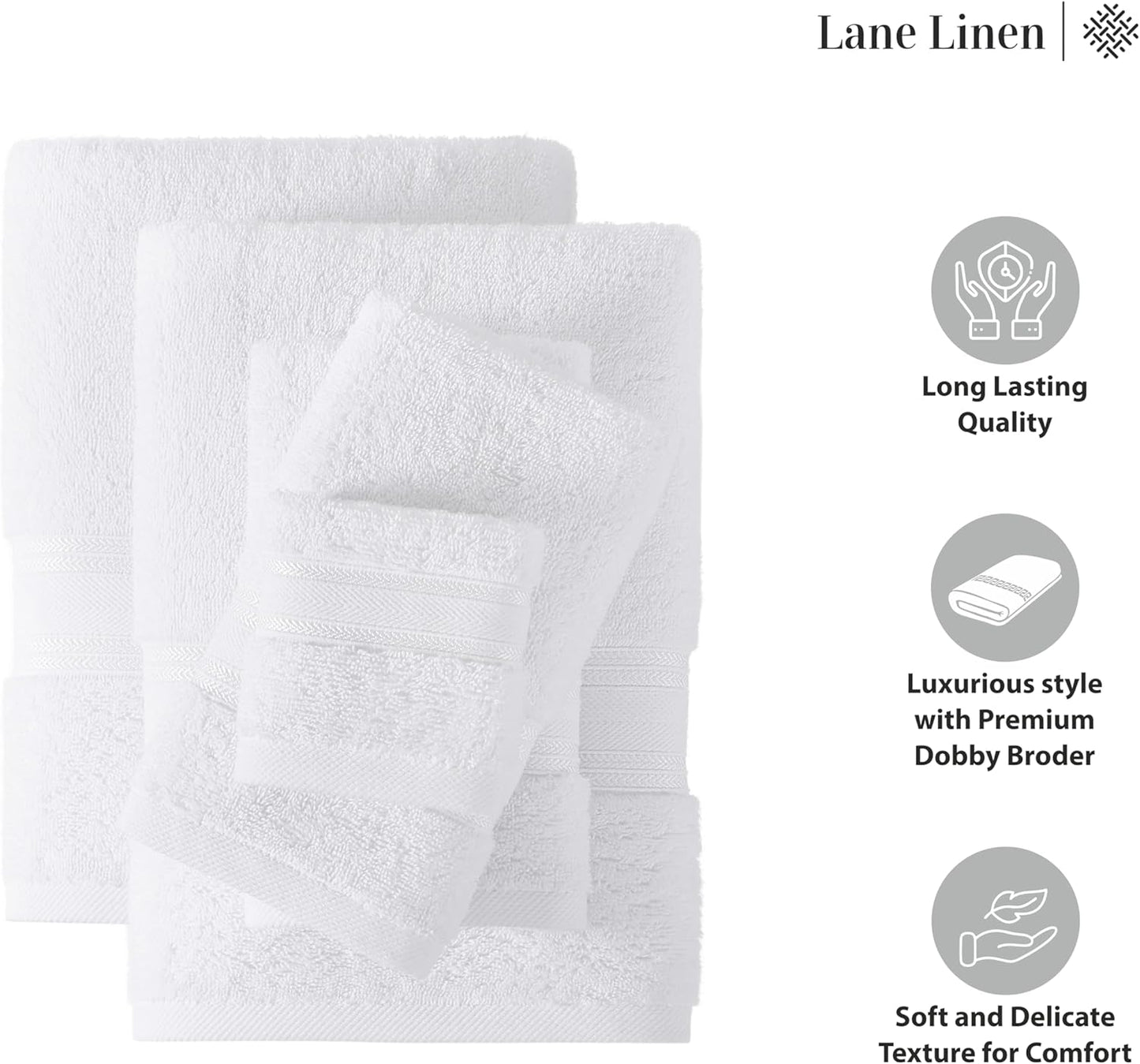 LANE LINEN Luxury Bath Towels Set - 6 Piece 100% CottonBathroom Zero Twist Shower Extra Absorbent Towel Super Soft 2 Hand Wash Cloths White