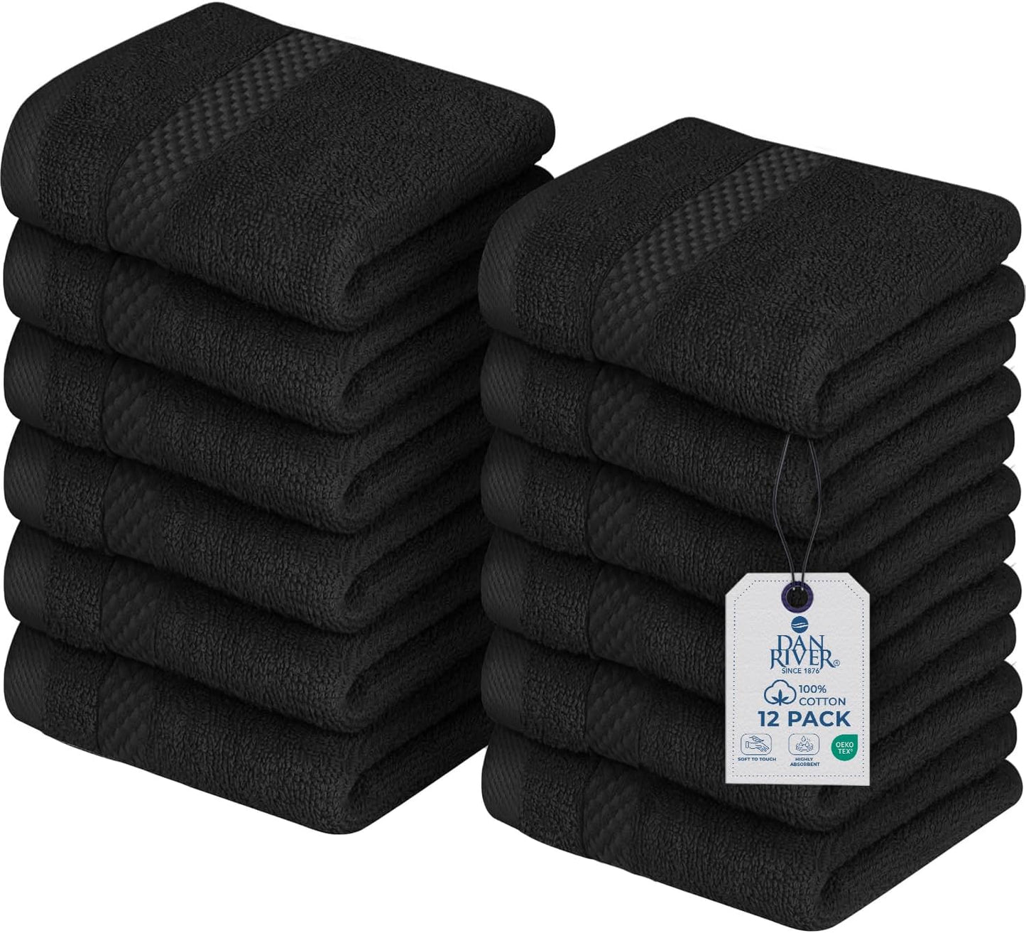DAN RIVER 12-Pack Premium 100% Cotton Black Face Towels – Reusable Face Towel Set, Soft & Absorbent Rough Wash Cloths for Bathroom & Body – Hand and Face Towels, 550 GSM (12x12 in)