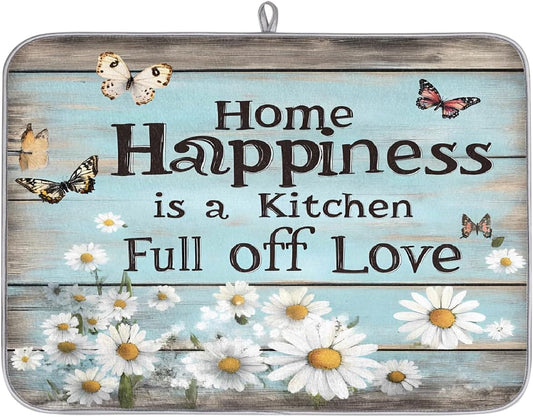 Dish Drying Mat Rustic Wood Quote Daisy Flowers Large Drying Mat for Kitchen Counter 18x24in Absorbent Dish Drainer Rack Pad, Heat Resistant Coffee Bar Mats Countertop Protector