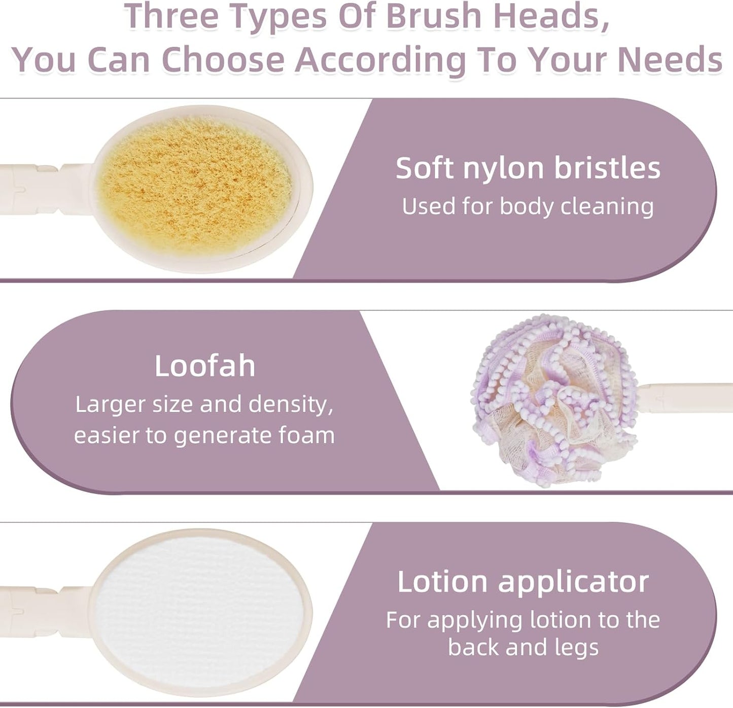 Loofah Sponge with Handle,Back Scrubber Brush for Shower, Lotion Applicator for Back,3 in 1 Shower Kit (Purple loofah)