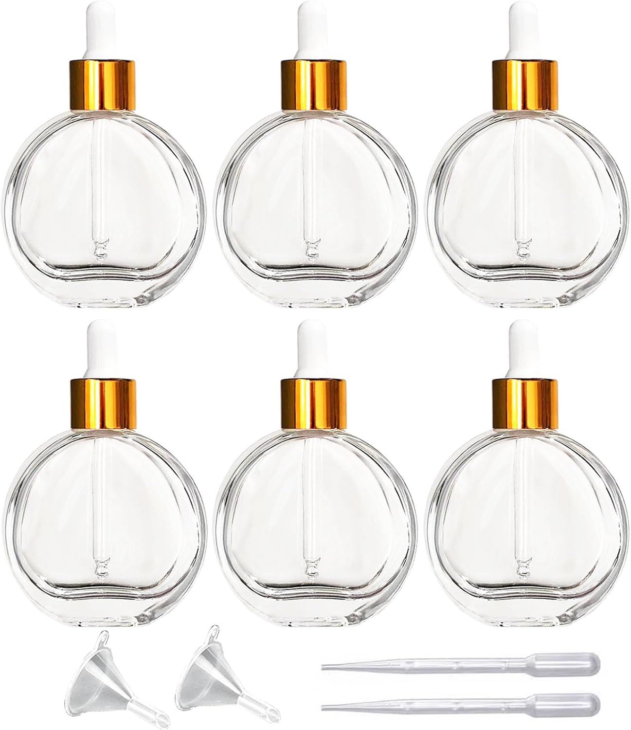 6Pcs, 2 oz Glass Dropper Bottles for Essential Oils,60ml flat round perfume bottle with Eye Droppers,for Essential Oils,Perfumes, Serums - Leakproof for Travel (Clear)